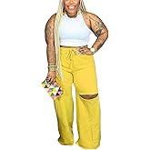 2 Piece Outfits for Women Pure Color Sleeveless Ribbed Knit Tank Top Ripped Wide Legs Long Pants Tracksuit Sport Set