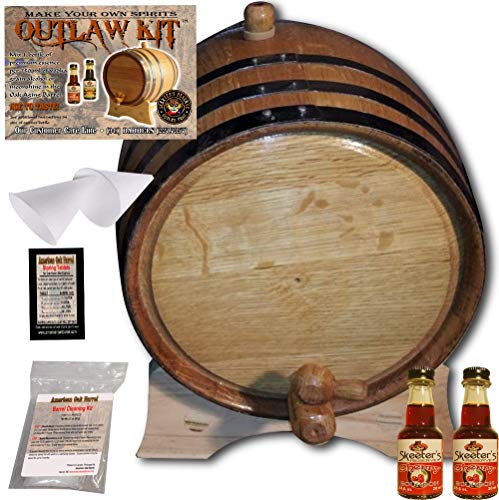 Barrel Aged Whiskey Making Kit - Create Your Own Cherry Bourbon Whiskey - The Outlaw Kit from Skeeter's Reserve Outlaw Gear - MADE BY American Oak Barrel (Natural Oak, Black Hoops, 2 Liter)