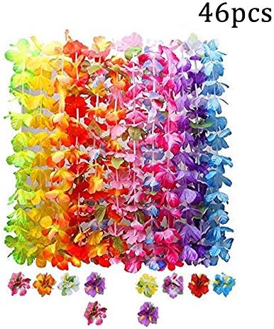 Hawaiian Leis,Tropical Ruffled Luau Flower Necklace with Hawaiian Lei Hair Clips for Party Favors Supplies Decorations 46 Pcs Set,6 Styles by Meleg Otthon
