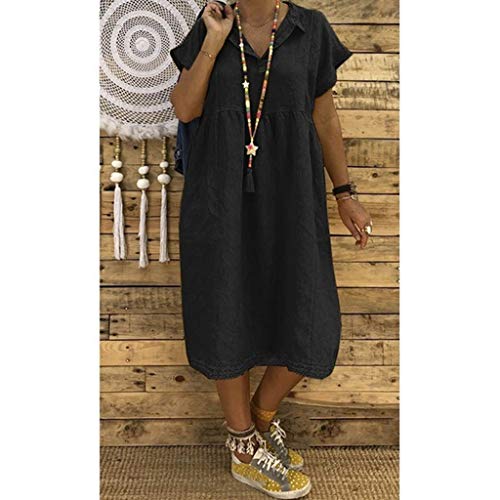 Women's Turn Down Collar Dress, Ladies Loose Short Sleeve Plus Size Dress Ruched Plain Dress Gogoodgo Black