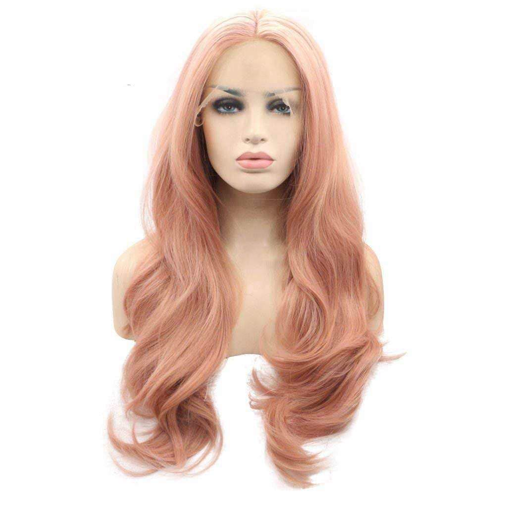 xiweiya Rose Gold Wig Long Wavy Peach Pink Synthetic Lace Front Wig Natural Hairline 13 x3 Lace Red Wigs Mermaid Hair Heat Resistant Wig 180% Density Hair For Women Drag Queen 24inch — image 1