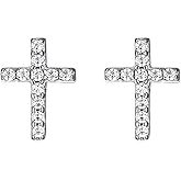Tiny Mini Cross Earrings, 14K White Gold Plated Small Cubic Zirconia Earrings Studs for Women Dainty Simple Jewelry Silver