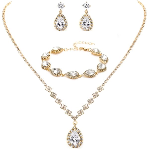 HAPPYLE Juego De Collar Chapado En Oro Para Mujer, Collar De Cristal Austriaco, Aretes, Conjuntos De Joyas, Accesorios De Boda Nupcial, Cristal
