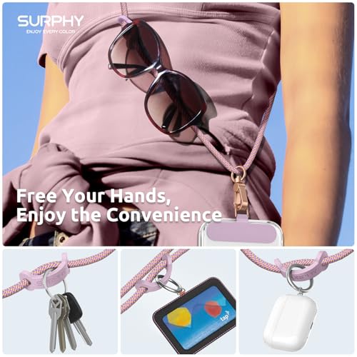 SURPHY Mobile Phone Cord, Hanging Strap Lanyard with 2 Durable Patches, Adjustable Neck Straps, Multifunctional Chain Compatible with Most Cases, Pink and Purple