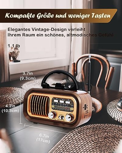 Retro Radio mit Bluetooth, AM/FM/SW Kofferradio, Tragbares Radio mit 1200mAh Akku & D-Batterien, USB/TF, Vintage Radio für Küche, Zuhause, Garten & Camping — Foto 3 von 7