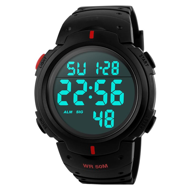 PASOY Mens Women Digital Watch Big Dial Light LED Swim Waterproof Rubber Band Alarm Black LED Watches 50MM, Black & High Light, Digital