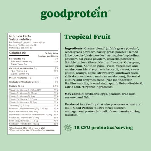 Good Protein Greens Superfood Powder Juice - 100% Natural Digestive Enzyme Greens Powder | Vegan Non-GMO Gluten Free Vitamins Green Powder - Organic Alfalfa Wheat Barley Grass Spirulina Powder | 225g Tropical Fruit