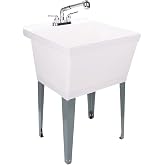 White Utility Sink Laundry Tub With Pull Out Chrome Faucet, Sprayer Spout, Heavy Duty Slop Sinks For Washing Room, Basement, Garage or Shop, Large Free Standing Wash Station Tubs and Drainage
