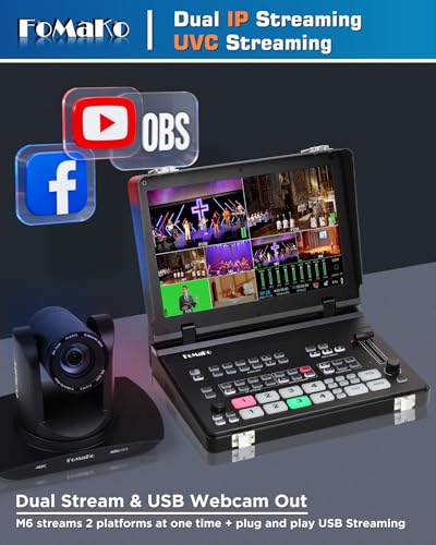 FoMaKo M6 4K HDMI Video Mixer, 10.1 Inch Full HD LCD Screen, 5 Channel Live Broadcast Switch, 4K 60 IPS Input, 1080P 60 IPS Output, SDI+HDMI Video Switch