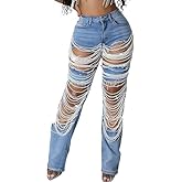 NRTHYE Womens High Waist Ripped Jeans Sexy Pearl Chains Rhinestones Straight Leg Stretch Distressed Denim Pants