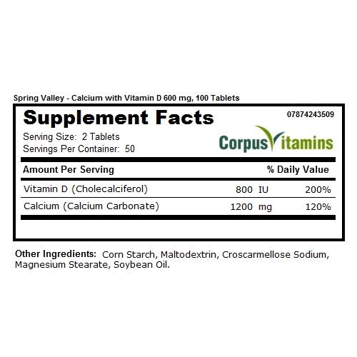 Spring Valley Calcium with Vitamin D 600 mg, 100 Tablets Pricepulse
