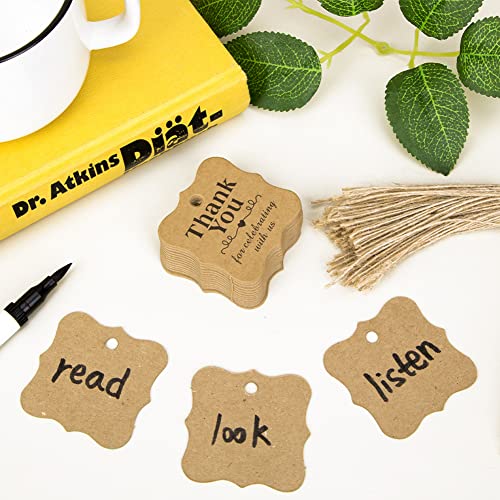 SallyFashion Thank You Tags, 150PCS Brown Kraft Gift Tags with 150PCS Free Natural Jute Twines Brown Scalloped Edge Tags for Gift Wrapping, Wedding, Favor Box, Baby Shower