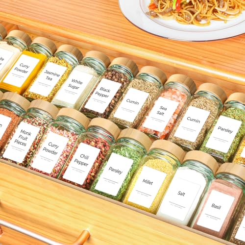 ComSaf 4oz 24Pcs Glass Spice Jars with Bamboo Lids, Empty Spice Containers with 93 Labels, Square Seasoning Containers Trial and Supplement Set, Small Seasoning Bottles for Salt, Herbs, Sugar, Pepper