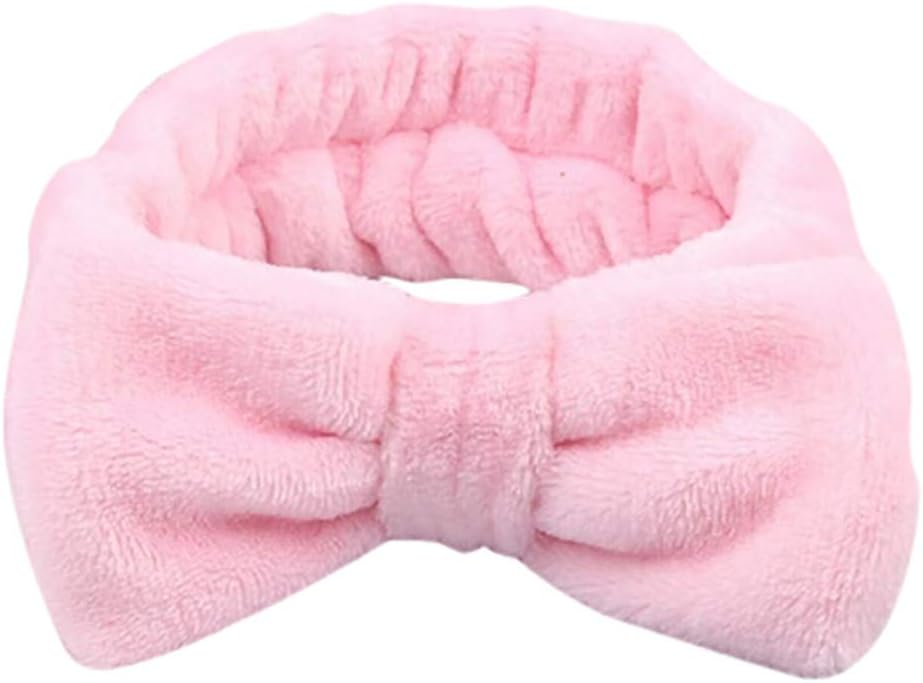 Womens Bow Hairband, Makeup Wash Face Shower Headband Coral Fleece Washable Elastic Headwear (Pink)