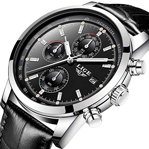 Mens Watches Classic Business Leather Watches Men Luxury Brand LIGE Chronograph Sport Waterproof Wristwatch Casual Analog Quartz Watches for Men Black