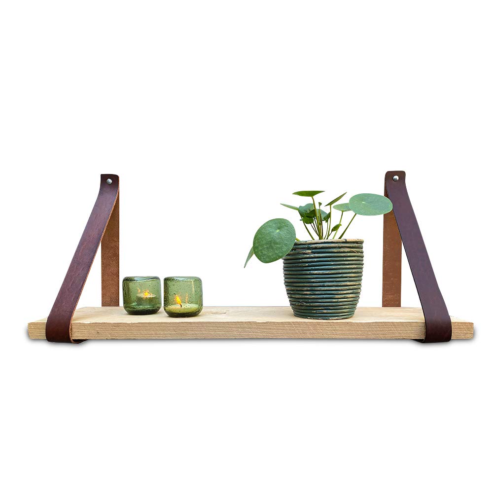 Brute Strength - Leather Shelf Brackets - Chestnut Brown - 6 Pieces - Floating Shelf Set - Wall Brackets - Shelf Straps - Full Grain Leather