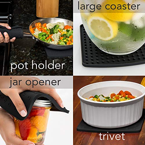 Premium Silicone Trivet & Pot Holders. Our Silicone Hot Pads also Work as Jar Opener Gripper Pad, Large Coasters & Spoon Rest. Trivets are Flexible & Heat Resistant to 442 F (7x7 in, Black, 1 Pair)