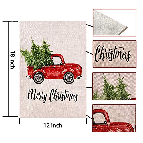 OZMI Merry Christmas Garden Flag, Xmas Double Sided Burlap Red Truck with Snow Winter Flag, Rustic Merry Christmas Decoration New Year Seasonal Outdoor Flag 12 x 18 for Holiday