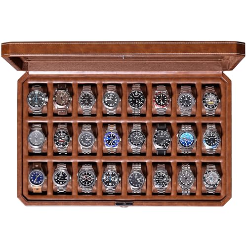 ROTHWELL 24 Slot Watch Case with Lock – Luxury Watch Box to Display and Organize Your Collection | Real Glass Top | Premium Storage for Collectors (Tan/Brown)