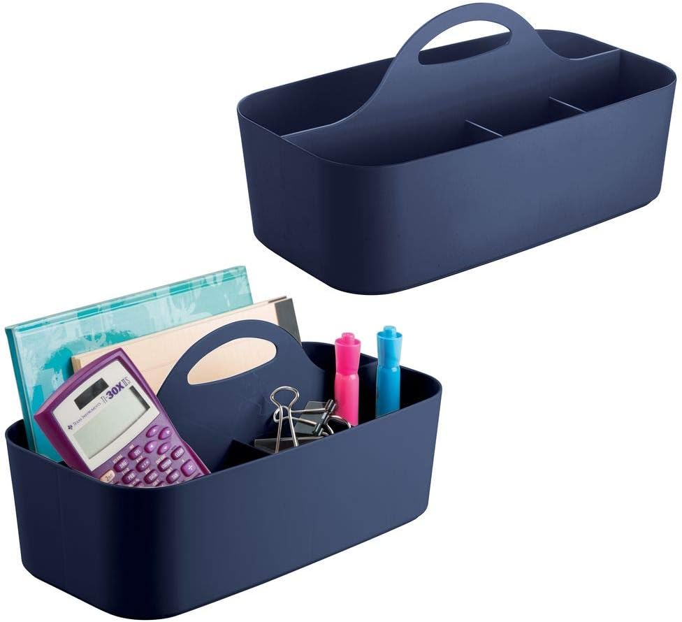 mDesign Plastic Office Storage Organizer Caddy Tote with Handle for Cabinet, Countertop, Desk, Workspace - Holds Erasable Pens, Colored Pencils, Washi Tape, Notebook - Large, 2 Pack - Navy Blue