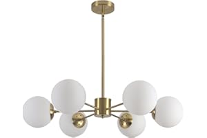 KCO 6-Light Globe Sputnik Chandelier Milk Glass Modern Gold Chandelier Light Fixture Mid Century Sputnik Chandeliers Pendant Lighting Brushed Brass Chandelier (Gold+White)