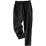 Gihuo Women's Elastic Waist Drawstring Solid Linen Pants Tapered Trousers with Pockets