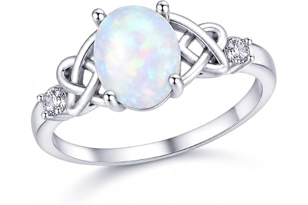 925 Sterling Silver Heart Ring for Women - Lab Created White Opal Celtic Knot Trinity Promise Ring, Romantic Vintage Annivers