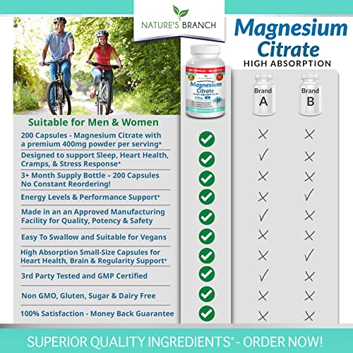 Magnesium Citrate 400mg 200 Capsules High Potency for Sleep, Leg