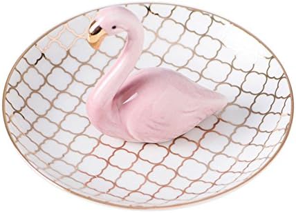 Lovely Cute Ceramic Pink Golden Line Flamingo Design Jewelry Necklace Crafts Trinket Tray Organizer Ornament Ring Desk Dish Holder Gift for Daughter Girlfriend Wedding Birthday Office Home Decoration