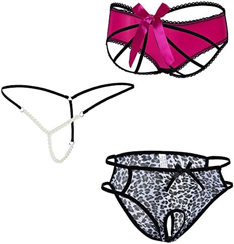 Vivly Bodas Women's Cage Back Bow Panties Pearl Thong Crotchless Underwear Variety Pack