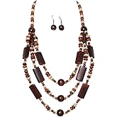 Involsionary Bohemian Chunky Wooden Beaded Necklace Earrings Set Vintage Ethnic Handmade Wood Multilayer Sweater Long Necklace for Women Boho Costume Jewelry Set