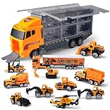 JOYIN 11 in 1 Die-cast Construction Truck Vehicle Car Toy Set Play Vehicles in Carrier for Over 3 Years Old Boys
