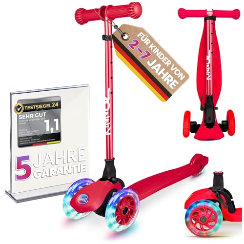 kinnaz ONE, oltre 100.000 scooter per bambini 3 anni venduti, scooter da 2 a 7 anni, scooter bambini 4 anni, ruote LED, pieghevole, altezza regolabile, tagkeeper, azienda hamburger, rosso