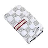 RAYTOP Luxury Brand Designer White Checks Leather Wallet Cases for Apple iPhone 4 4s Women Men Red Striped Plaid Stylish Chic Classy Cheap