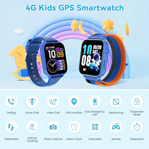 Berilona 4G Children's Smartwatch, Children's Smartwatch with Video Call and GPS, Phone, Voice Chat, SOS, School Mode, Alarm Clock, Pedometer, Games, Ideal Gift for Children 4-12 Years, Blue