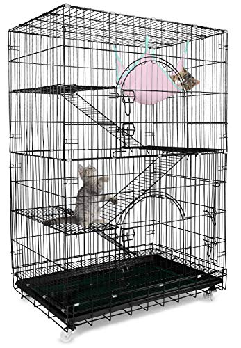 Petsmatig-Wire-Cat-Cage-Spacious-Foldable-Metal-Pet-Crate-Playpen-with-3-Openings-3-Platforms-3-Ladders-1-Hammock-1-Bottom-Tray-4-Wheels-and-Free-Grooming-Gloves