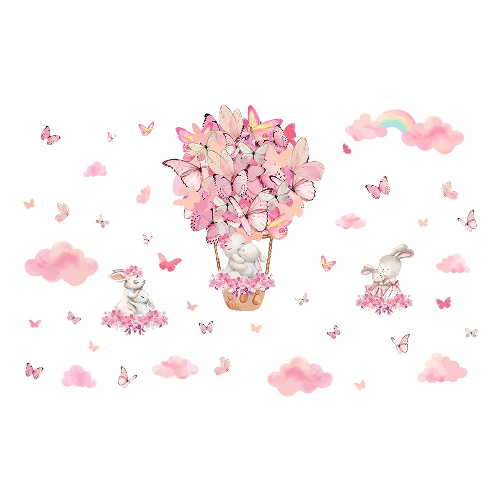 SUPERDANT Pink Bunny Wall Stickers Butterflies Hot Air Balloon Decal Girls Bedroom Stickers Decor Nursery Playroom Vinyl Waterproof Wall Decoration for Girls Bedroom Classroom