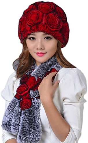 Saprex Rex Rabbit Fur Hat Cap Winter Hats + Winter Scraves #Red