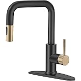 TQKAG Kitchen Faucet with Pull Down Sprayer Black and Brushed Gold Single Handle Pull Out Kitchen Sink Faucets Stainless Stee