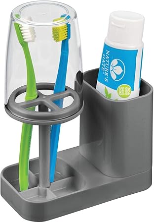 Mdesign Porte Brosse A Dent Avec Gobelet Verre A Dent De Qualite Avec Couvercle Pour La Salle De Bain Rangement Brosse A Dents Et Dentifrice En Plastique Gris Fonce Transparent