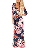 Dokotoo Womens Ladies Cotton Casual 3 4 Sleeve Beach Fit And Flare Flower Floral Print Maxi Long Dresses Navy Large
