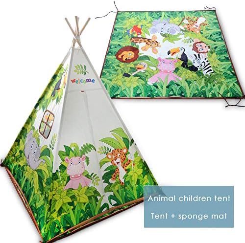 MAMMA Kiddie Kids Teepee Tent, Kids Room Decor Furniture Cotton Canvas Tent Playhouse with Window and Sponge Play Mat, Indian Tipi Play Tent for Baby Toddlers Boys Girls (Jungle Animals)
