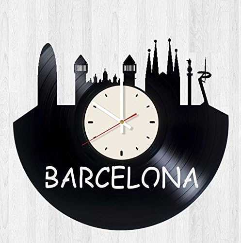 Skyline Barcelona Spain vinyl record wall clock artwork gift idea for birthday, christmas, women, men, friends, girlfriend boyfriend and teens - living kids room nursery (White/White)