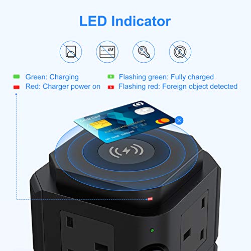 bedee Tower Extension Lead with Surge Protection, Multi Plug Power Extension Tower with 4 USB Slots, 6 Sockets & Wireless Charger, Vertical Power Strip with 2 Metre Cord & Individual Switches, Black