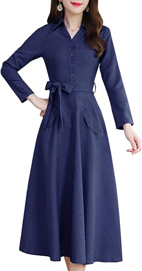 Amazon ワンピース レディース 秋冬 ロングワンピース レディース 長袖 シャツワンピース 無地 薄手 リボン付き 秋ドレス 体型カバー 着痩せ シンプル エレガント 上品 大人 おしゃれ 通勤 結婚式 普段着 Innifer ブルー L コート ジャケット 通販