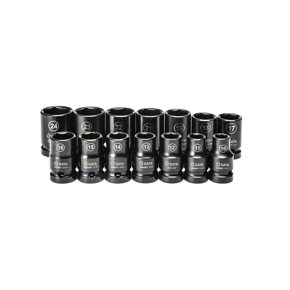 SATA ST34397T 14-Piece Metric Thin Wall Impact Socket Set, 1/2-Inch Drive, Chrome Molybdenum, in Storage Case , Green