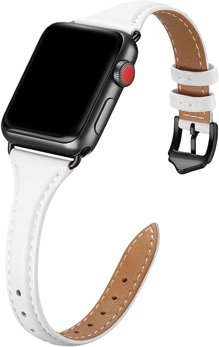 WFEAGL Leather Bands Compatible with Apple Watch 38mm 40mm 42mm 44mm,Top Grain Leather Band Slim & Thin Replacement Wristband for iWatch SE & Series 6/5/4/3/2/1 (White Band+Black Adapter, 38mm 40mm)