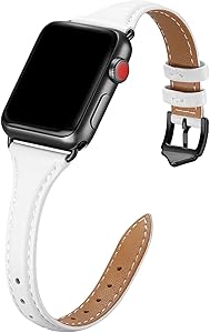 WFEAGL Leather Bands Compatible with Apple Watch 38mm 40mm 42mm 44mm,Top Grain Leather Band Slim & Thin Replacement Wristband for iWatch SE & Series 6/5/4/3/2/1 (White Band+Black Adapter, 38mm 40mm)