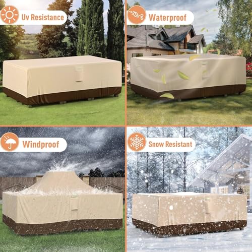 Dsocool 600D Patio Furniture Covers, 100% Waterproof Patio Table Cover, Heavy Duty Oxford Cloth Outdoor Table Cover, with Handles, Vents and Buckles, UV-Resistant (350×260×90cm)