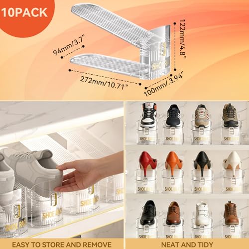 XENWA 10 Pack Shoes Organizer for Closet, Adjustable Highth Shoe Slot for Pair of Shoes, 50% Space Saver Double Layer Shoe Stacker, Stability Clear Display Shelf Rack Holder for Inside Closet Storage